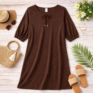 Tropical Escape Brown Knit 3/4 Sleeve Casual Dress Size 2X